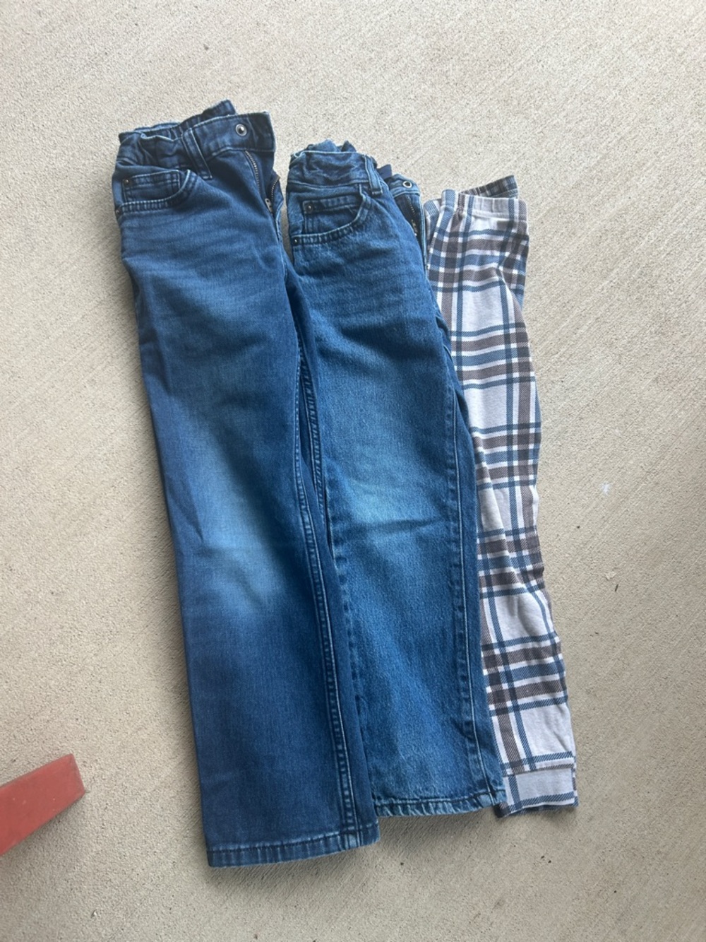 Kids Denim Jeans and Plaid Joggers - Blue and Brown size 6 for two size 7 for 1